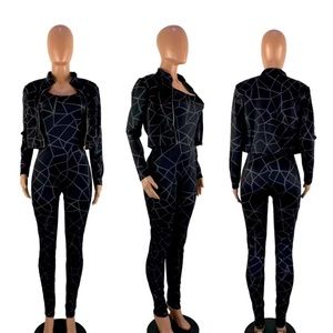 Sexy Bodycon Jumpsuit with Zipper jacket 2pcs Set